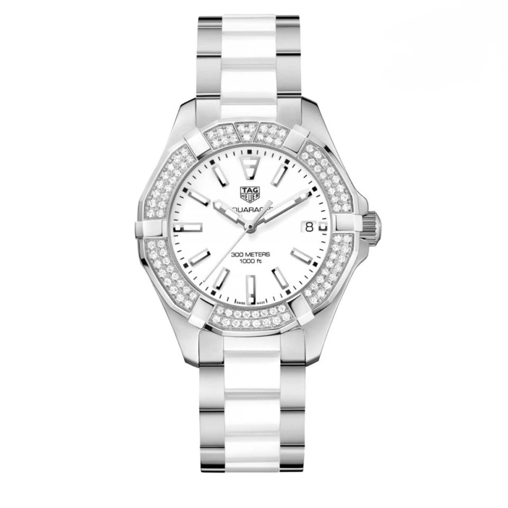 TAG Heuer Silver and White Aquaracer 500 Diamond Bezel Watch